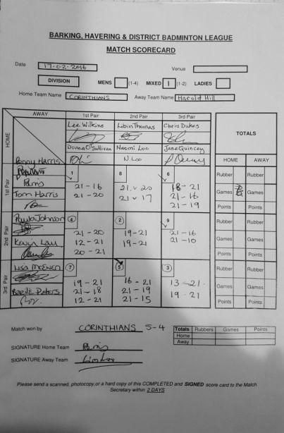 17th February 2016 Mixed Division 1 Corinthians vs Harold Hill